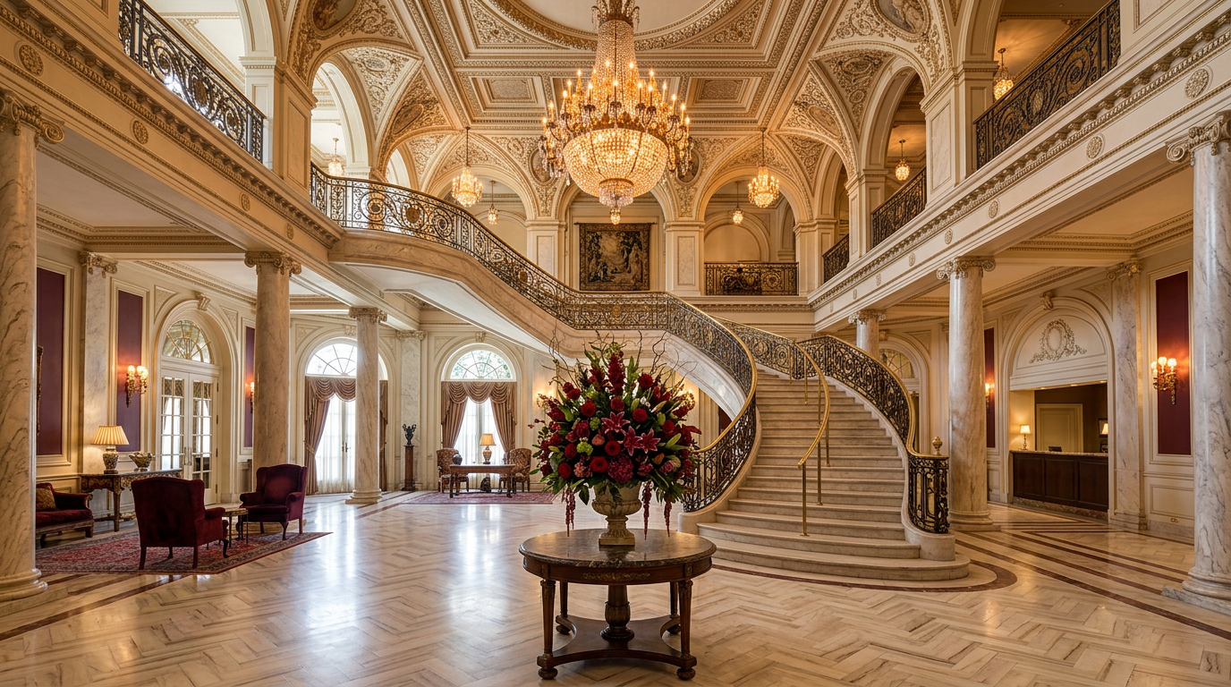 UK Hotel Club grand lobby interior with marble staircase