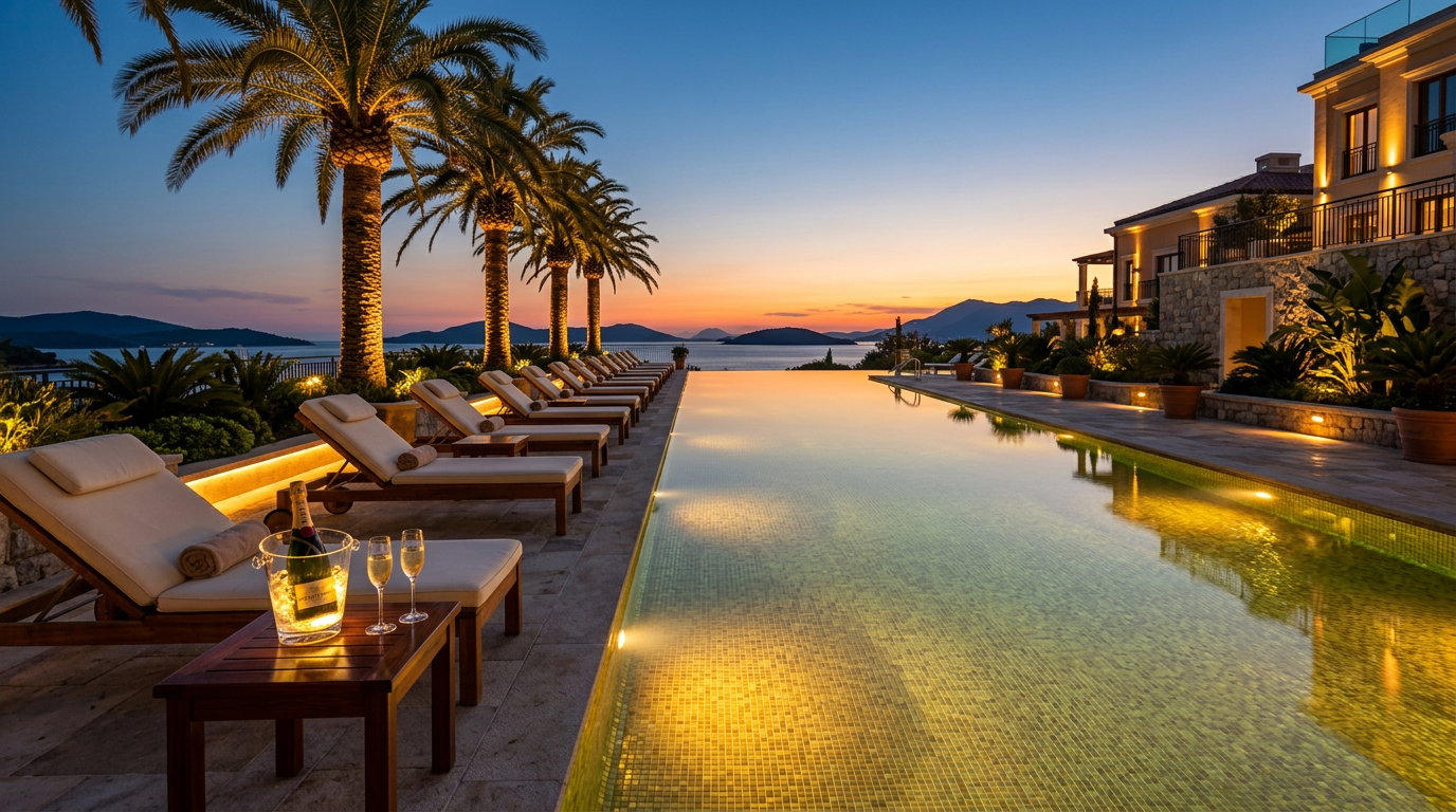 UK Hotel Club infinity pool at dusk
