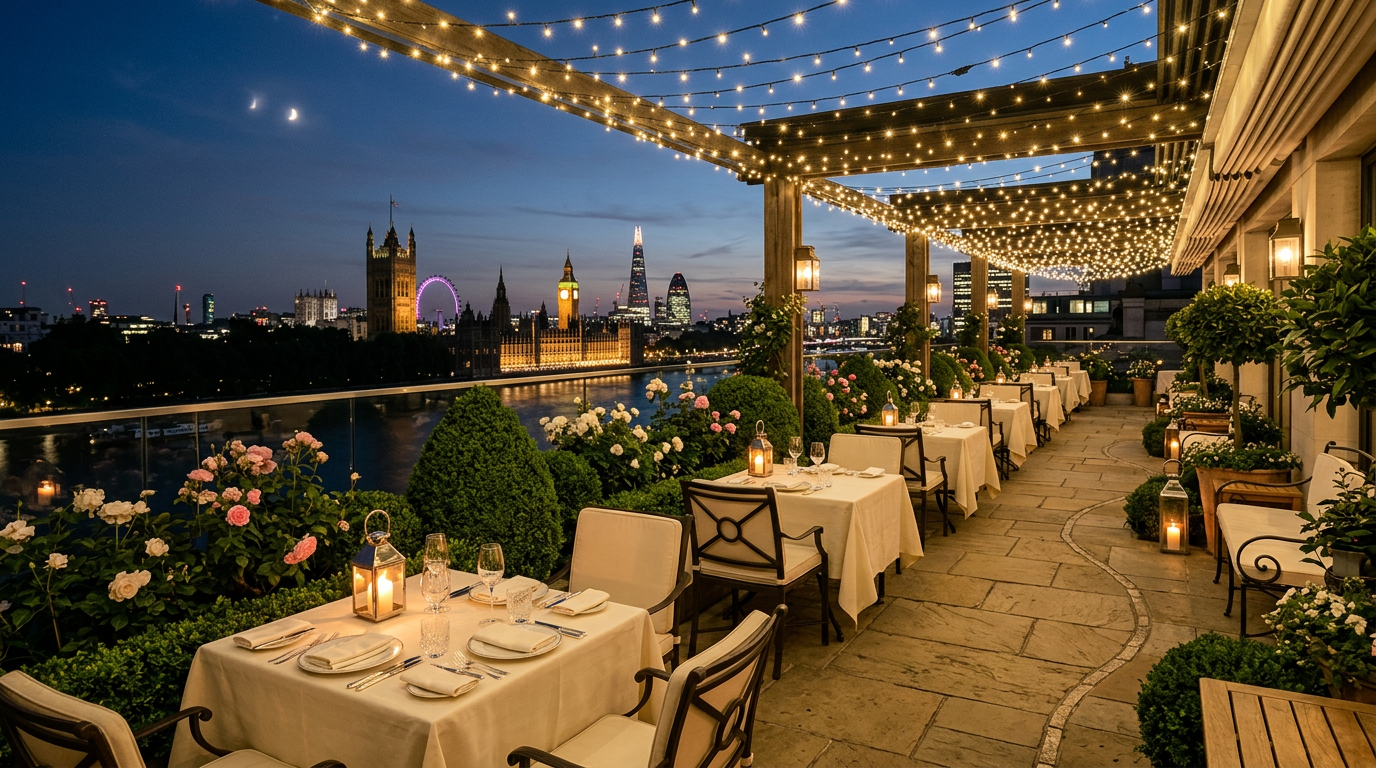 Rooftop terrace dining at UK Hotel Club with London skyline